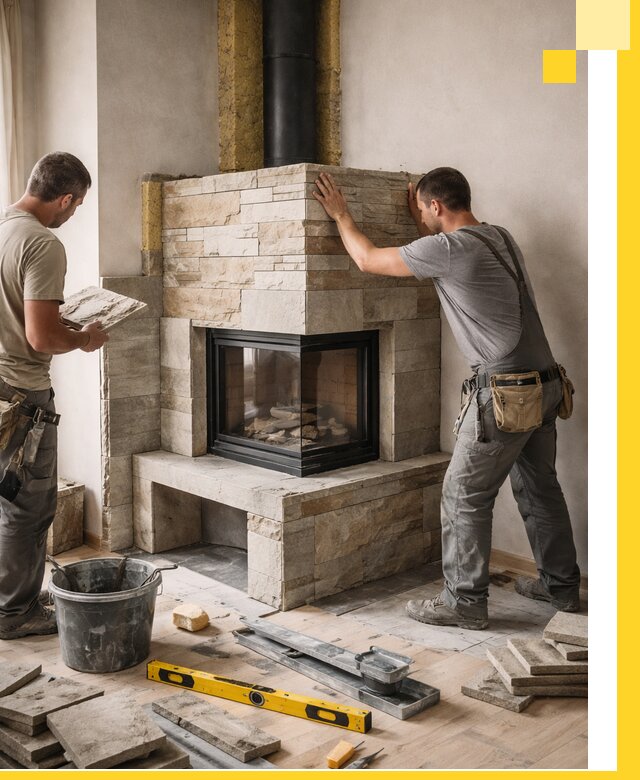 Угловые камины под ключ проект, монтаж и отделка в Заинске